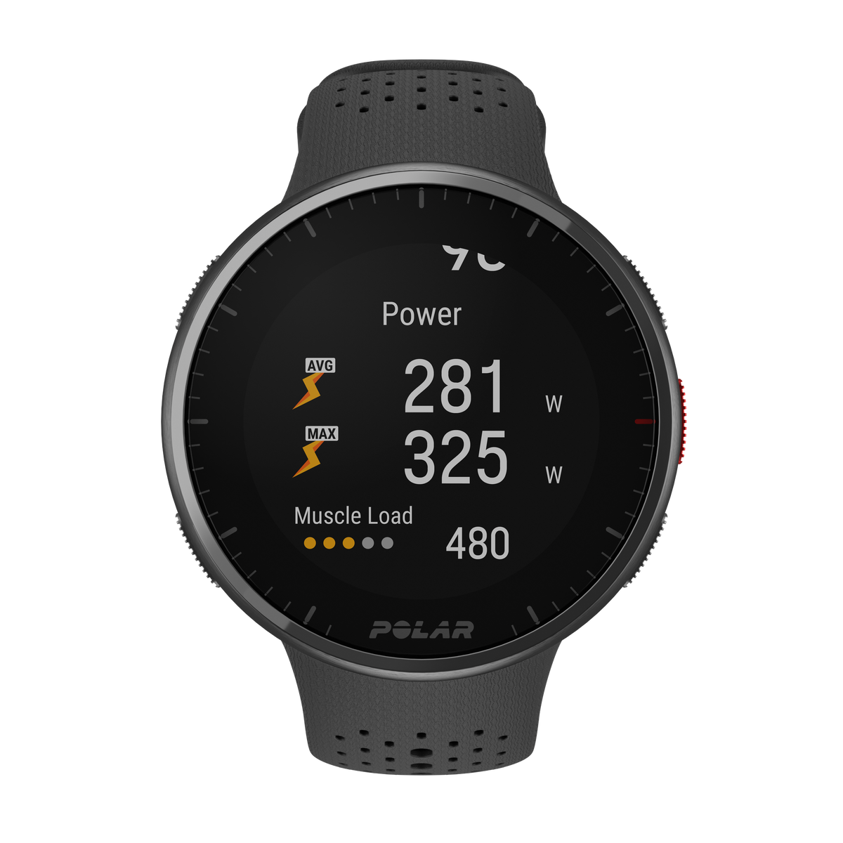Smartwatch mostra potenza e carico muscolare. Marchio Polar.