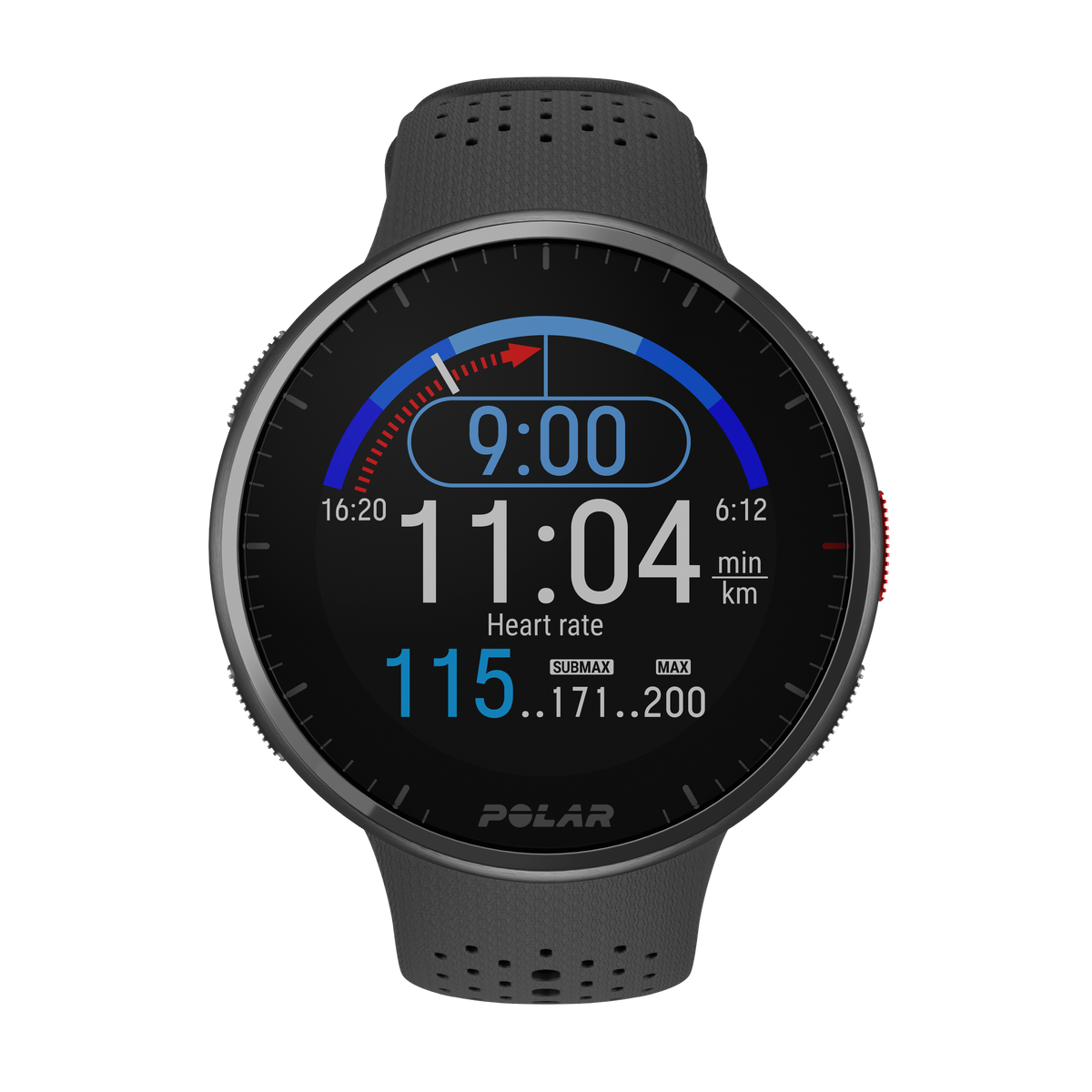 Uno smartwatch con cinturino nero mostra 11:04 e 115 bpm. Lo sfondo è nero.