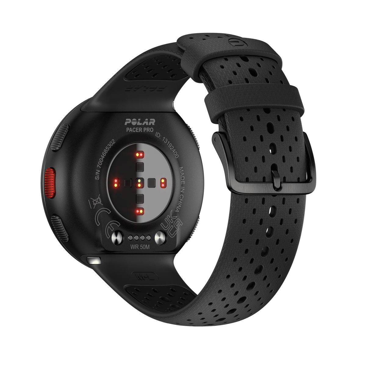 Retro di un orologio Polar Pacer Pro nero, che mostra i sensori e un cinturino nero.