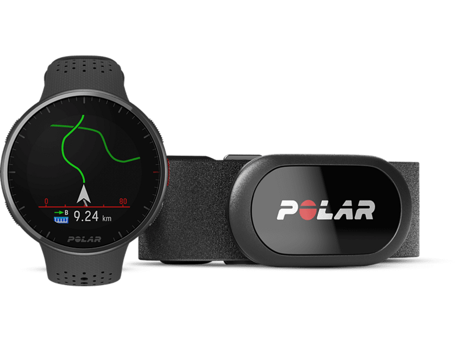 Un orologio fitness e un cardiofrequenzimetro, entrambi neri e grigi.