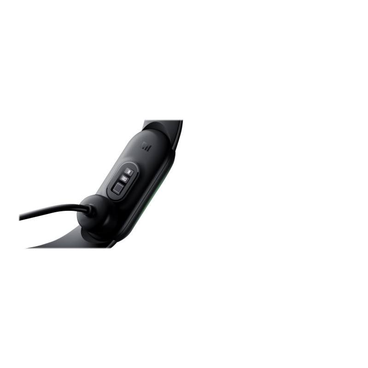 Ein schwarzer Fitnesstracker mit Bildschirm. Er hat ein schwarzes Band. Das Band ist um sich selbst gewickelt.