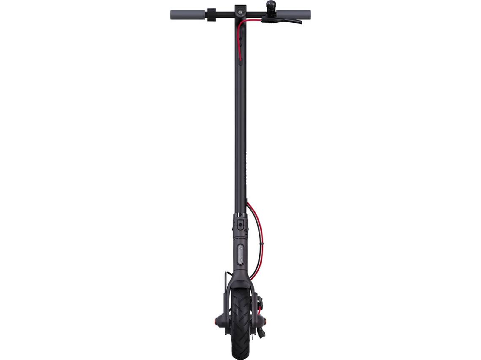 Scooter eléctrico negro. Tiene un cable de freno rojo y se ve desde el frente.