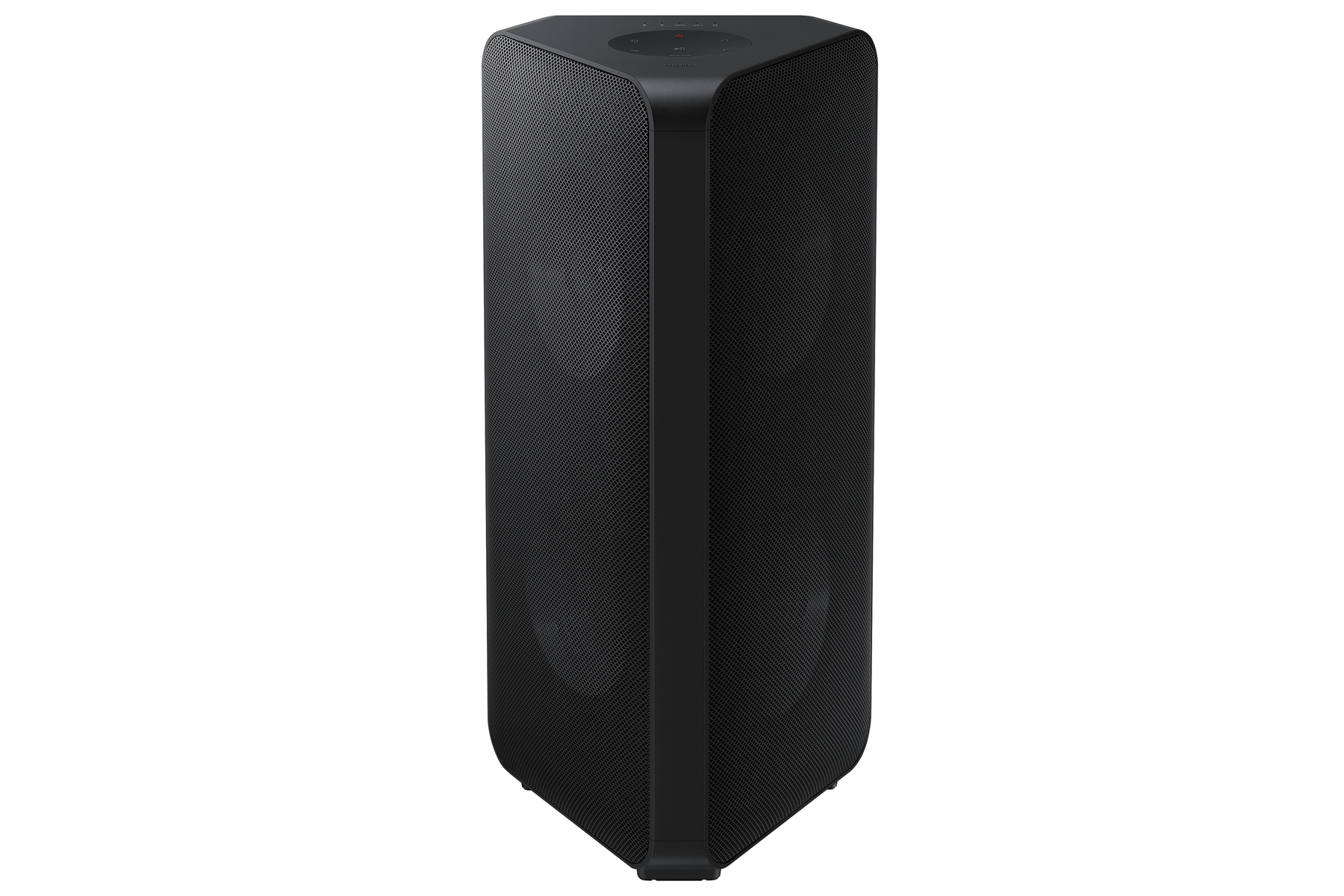 Altavoz alto negro con forma triangular. Dos altavoces grandes son visibles en la parte delantera.