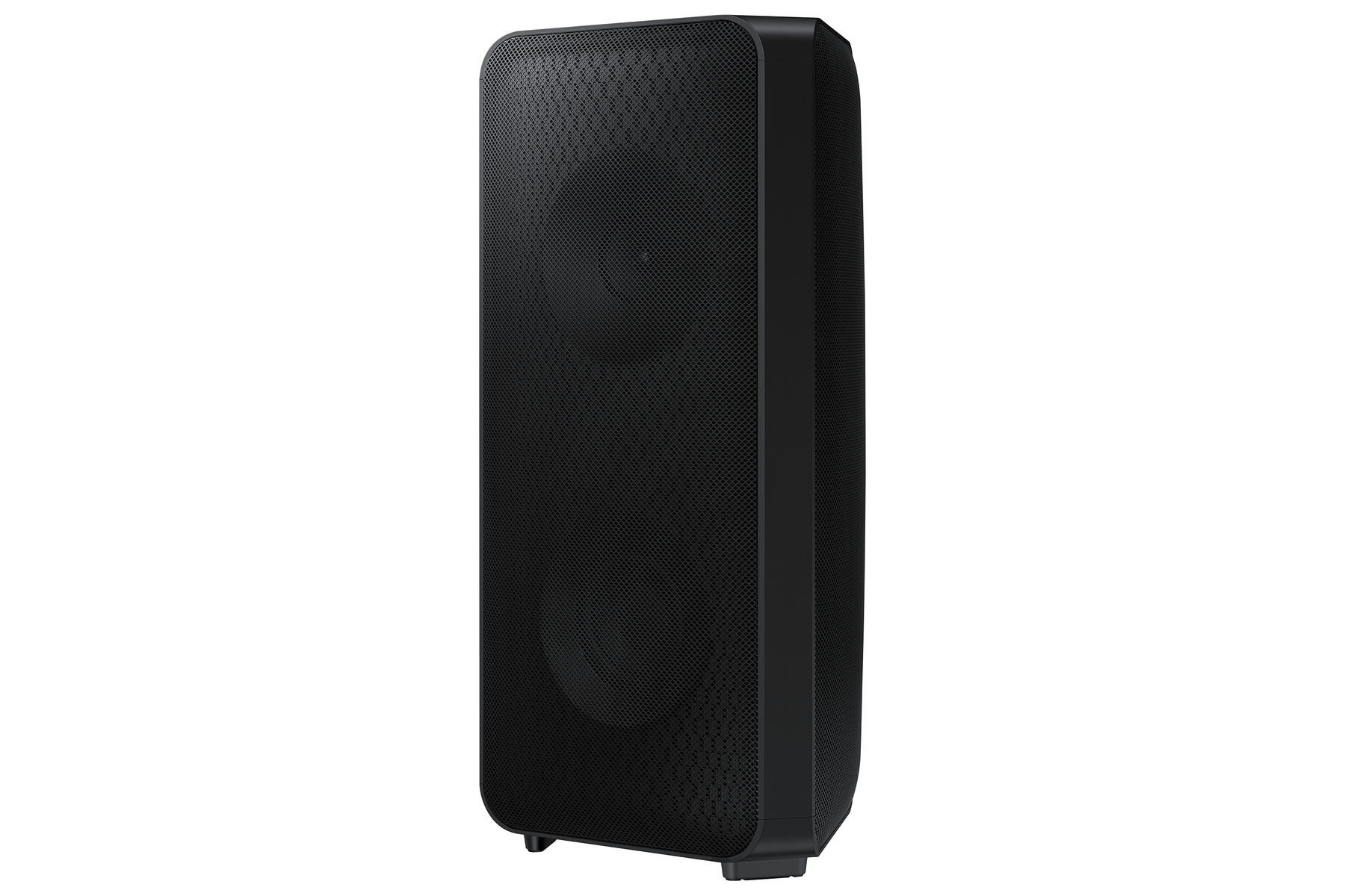 Un altavoz negro y alto con una malla frontal y laterales, sobre un fondo blanco.