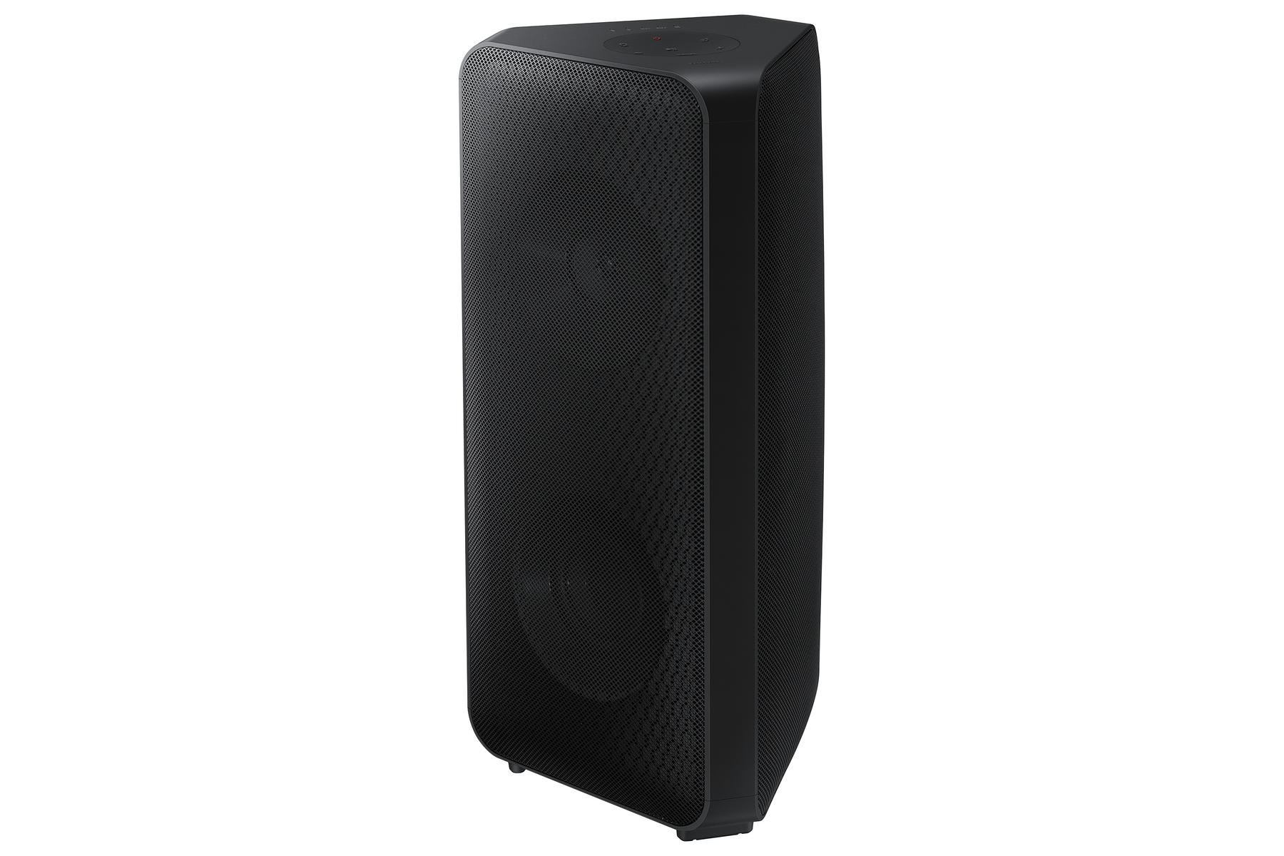 Altavoz Samsung negro rectangular sobre fondo blanco. El altavoz tiene una textura de malla.