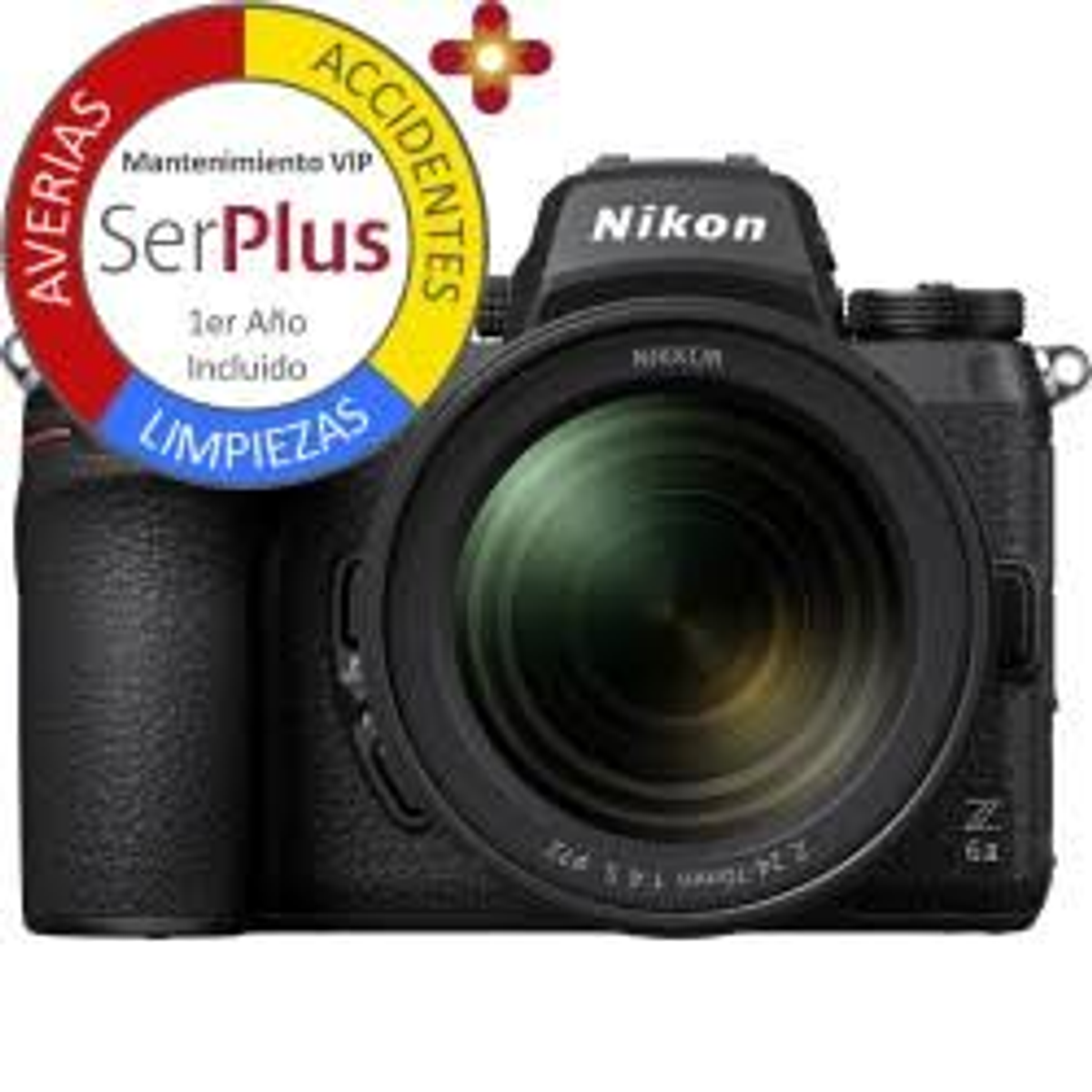 Una fotocamera Nikon nera con obiettivo. Presente un adesivo.