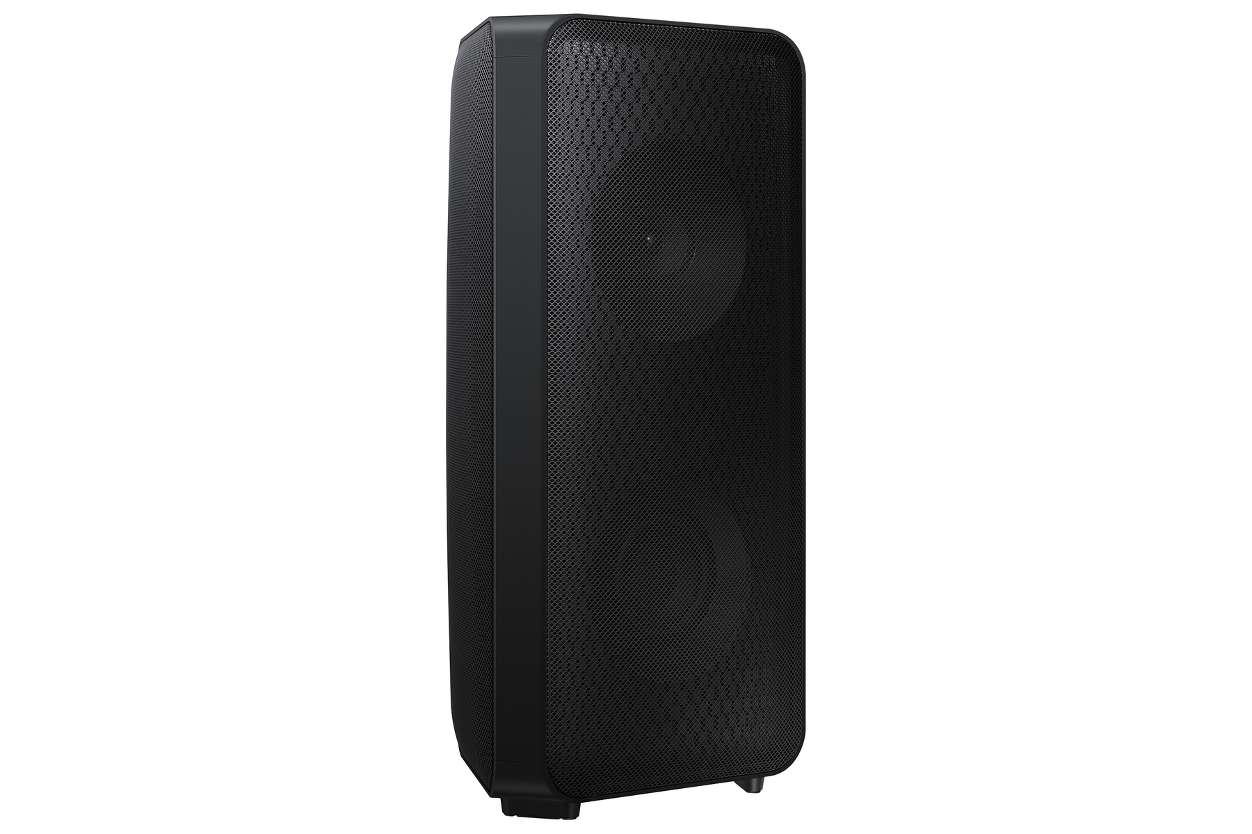 Altavoz negro, forma rectangular alta, con una malla frontal y un fondo blanco.