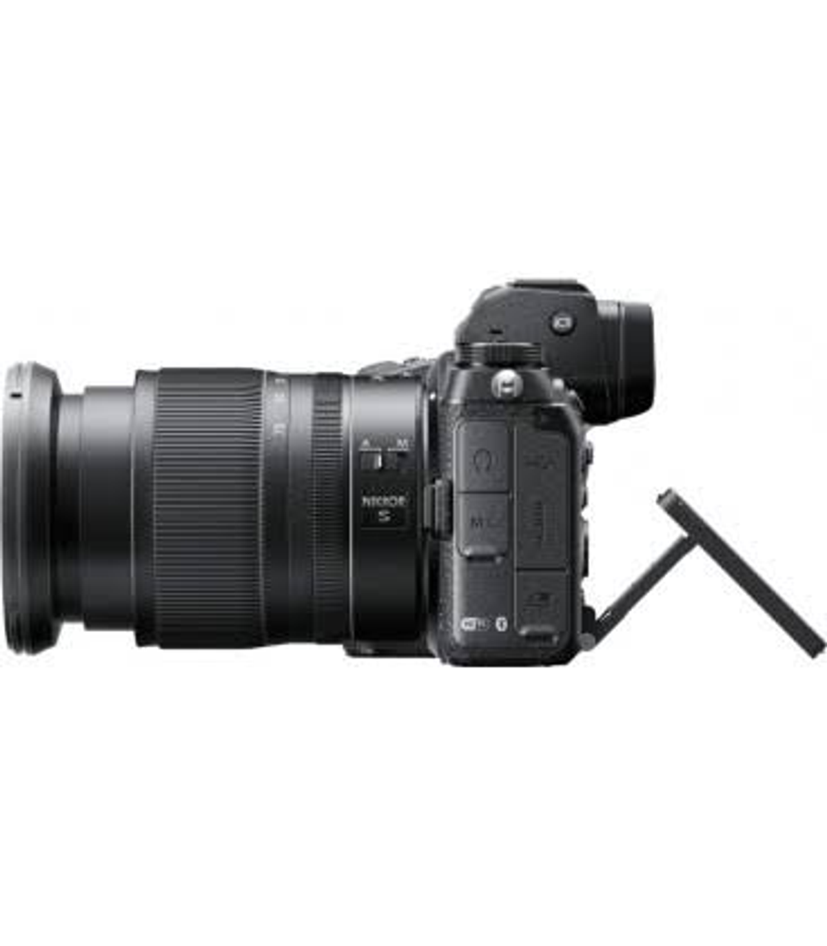 Fotocamera Nikon Z nera con obiettivo collegato. La vista laterale mostra pulsanti e schermo.