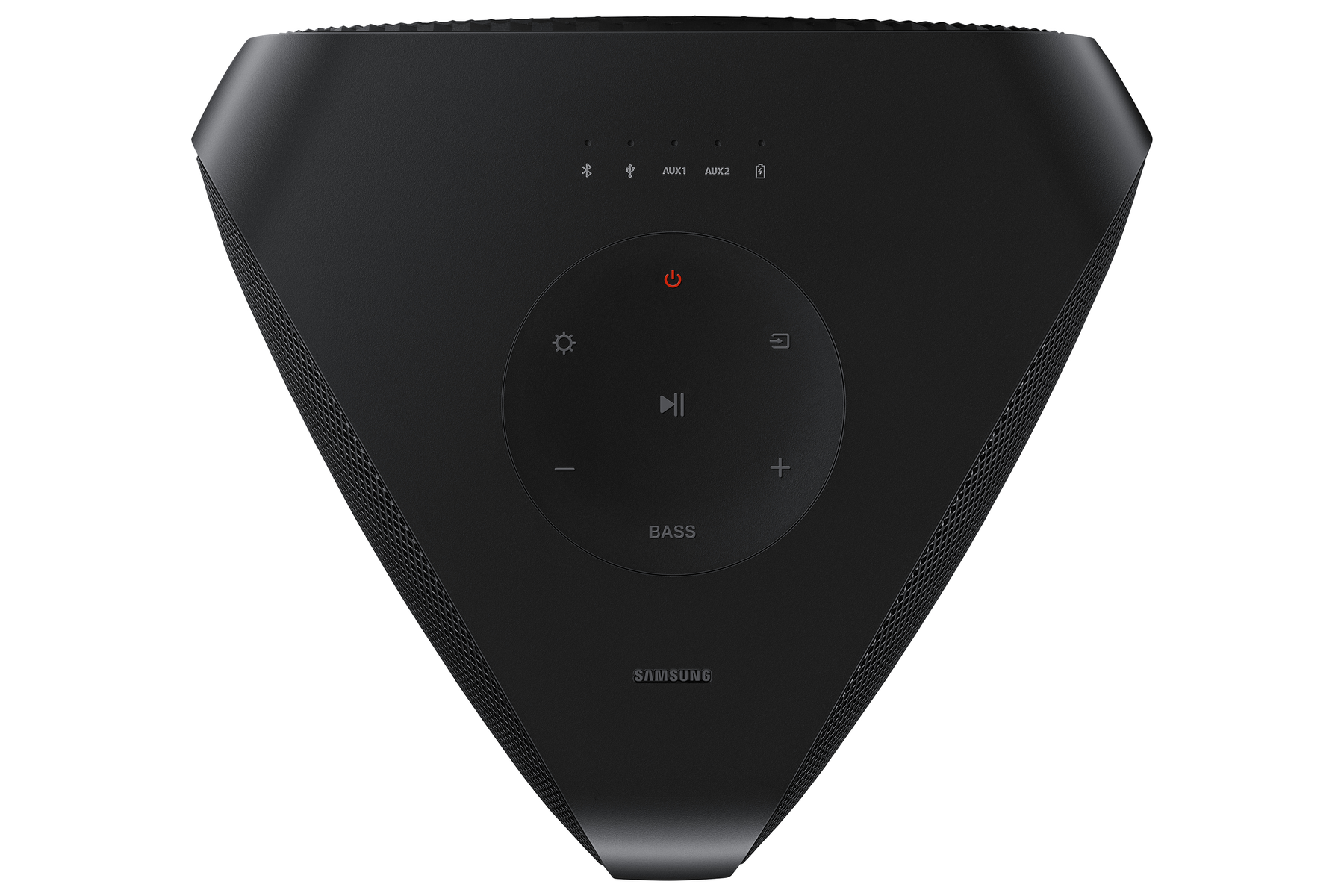 Altavoz triangular negro con botones de control. 'SAMSUNG' está impreso abajo.