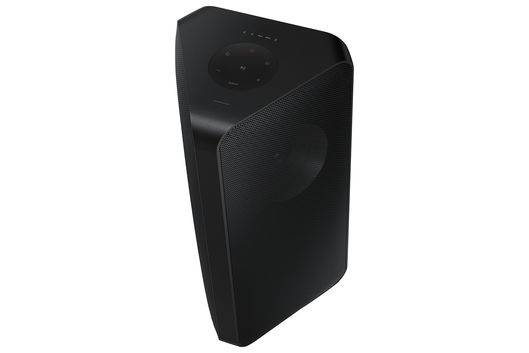 Barra de sonido Samsung negra con altavoz redondo. Sobre un fondo blanco.