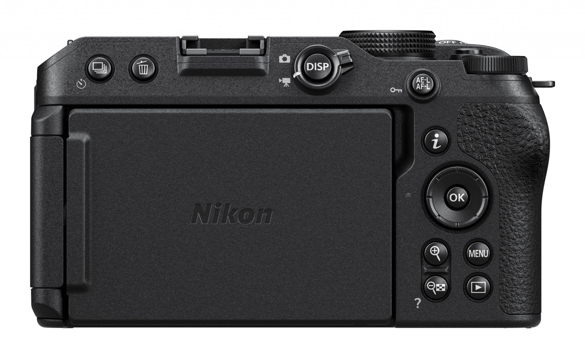 Parte trasera de cámara Nikon negra con botones, pantalla y el logo Nikon visible.