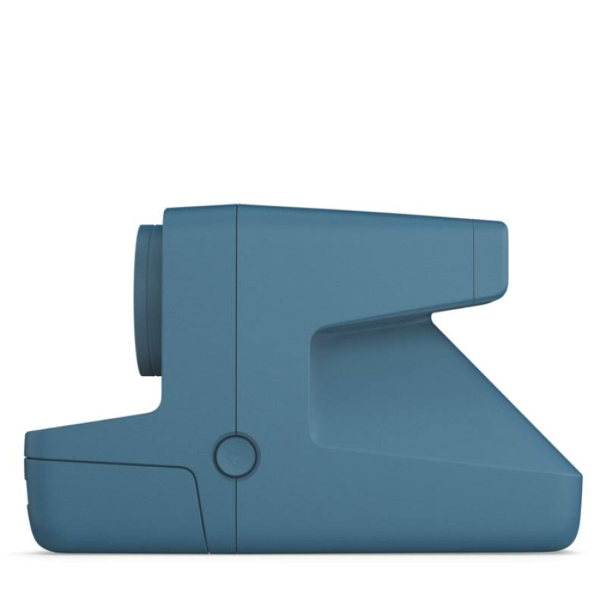Blaue Polaroid-Kamera, Seitenansicht, mit weißem Hintergrund.