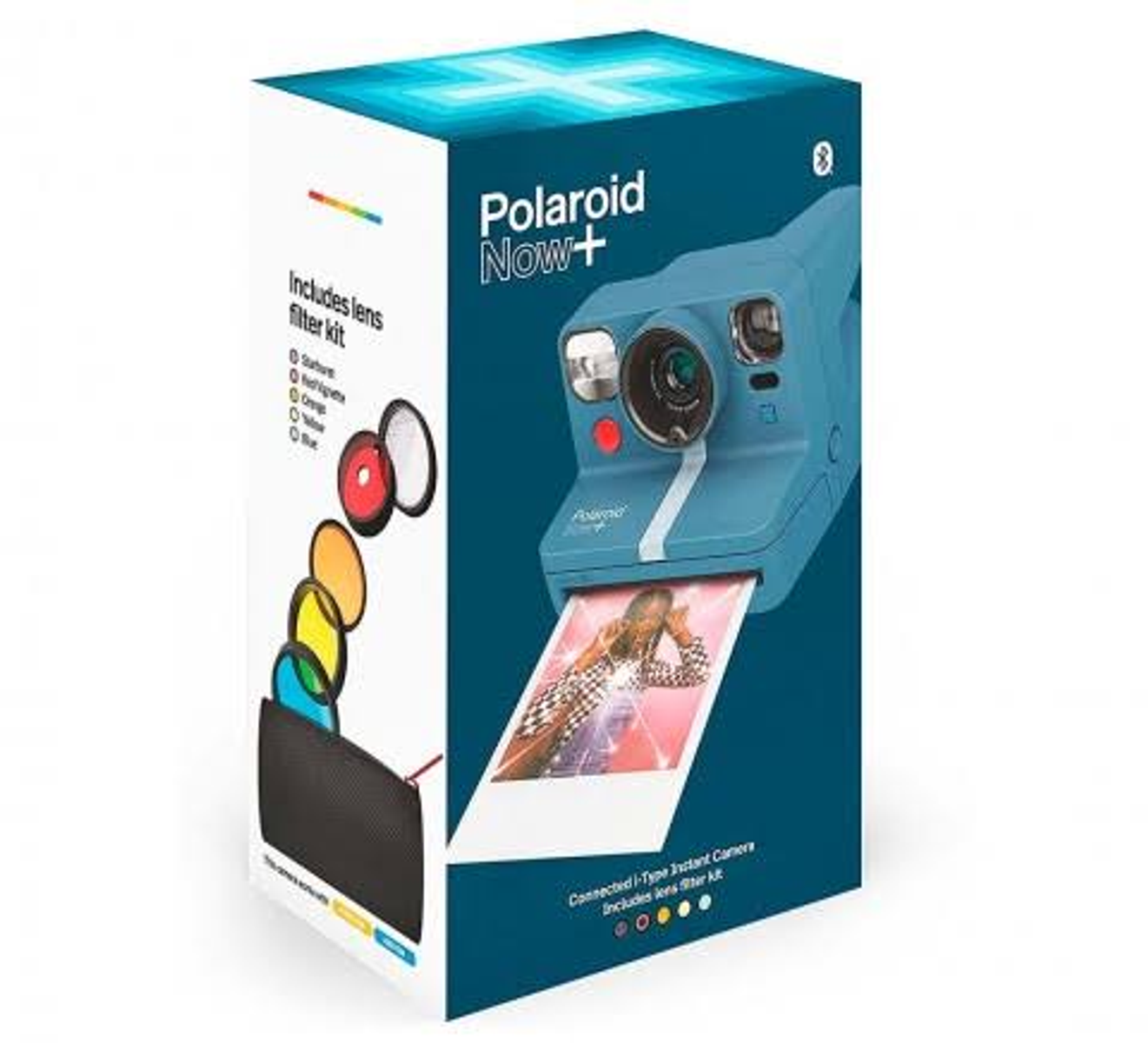 Eine blaue Polaroid-Kamera mit einer Box und ein herauskommendes Foto.