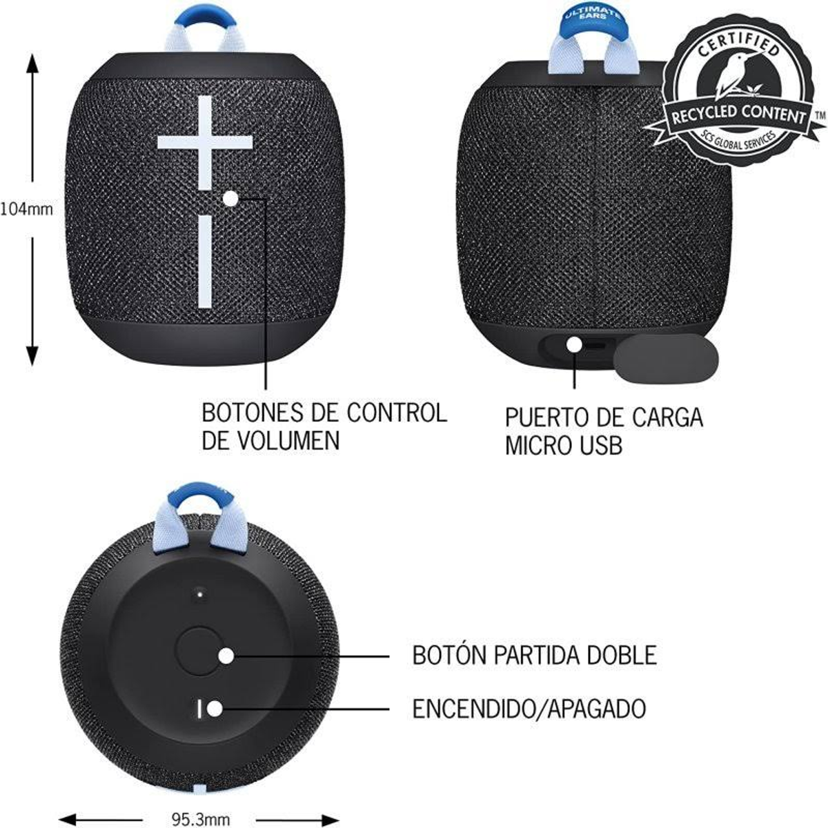 Czarny głośnik przenośny z przyciskami sterowania i portem ładowania. Tekst po hiszpańsku.