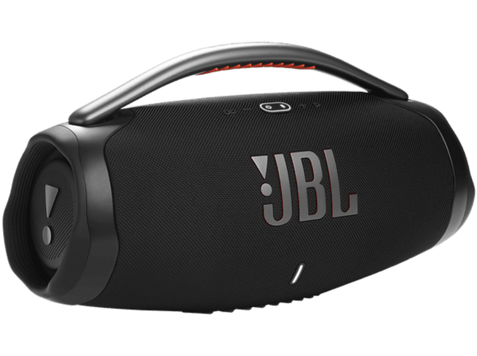 Czarny głośnik JBL z uchwytem i czerwonym logo JBL. Czarne tło.