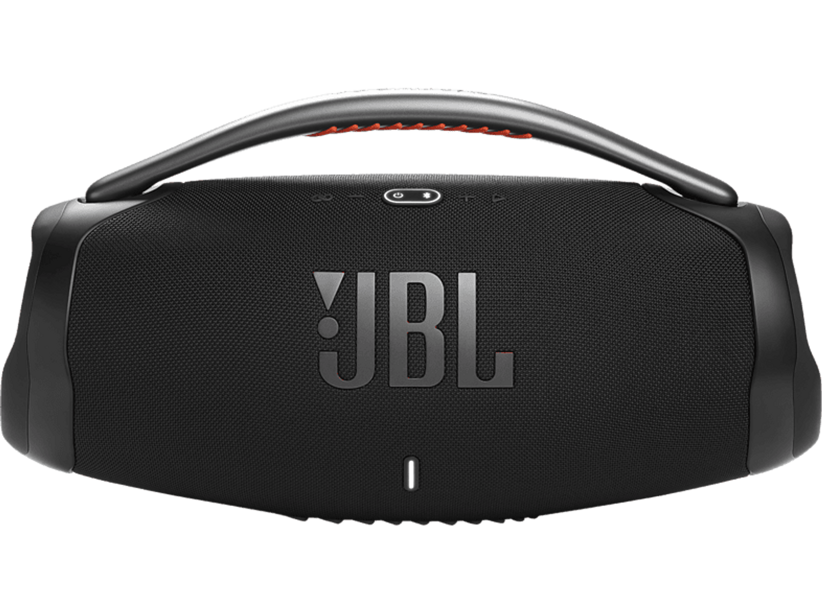 Czarny głośnik JBL z uchwytem. Logo JBL jest widoczne na froncie.