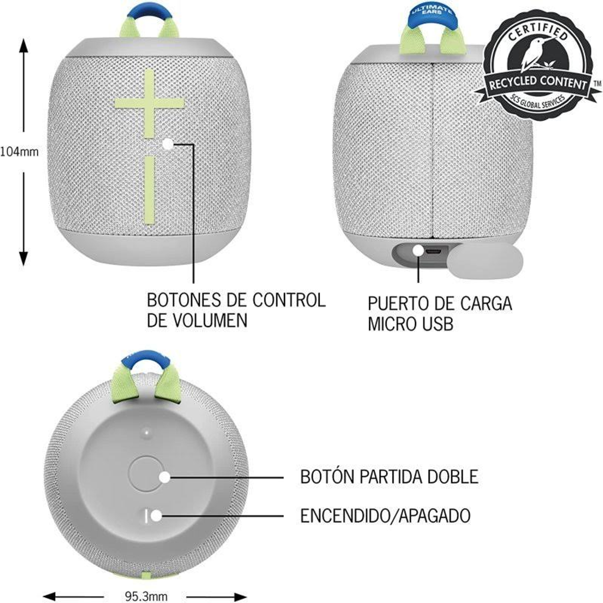 Biały głośnik z przyciskami sterowania i niebieskim uchwytem. Tekst po hiszpańsku i etykieta treści z recyklingu.