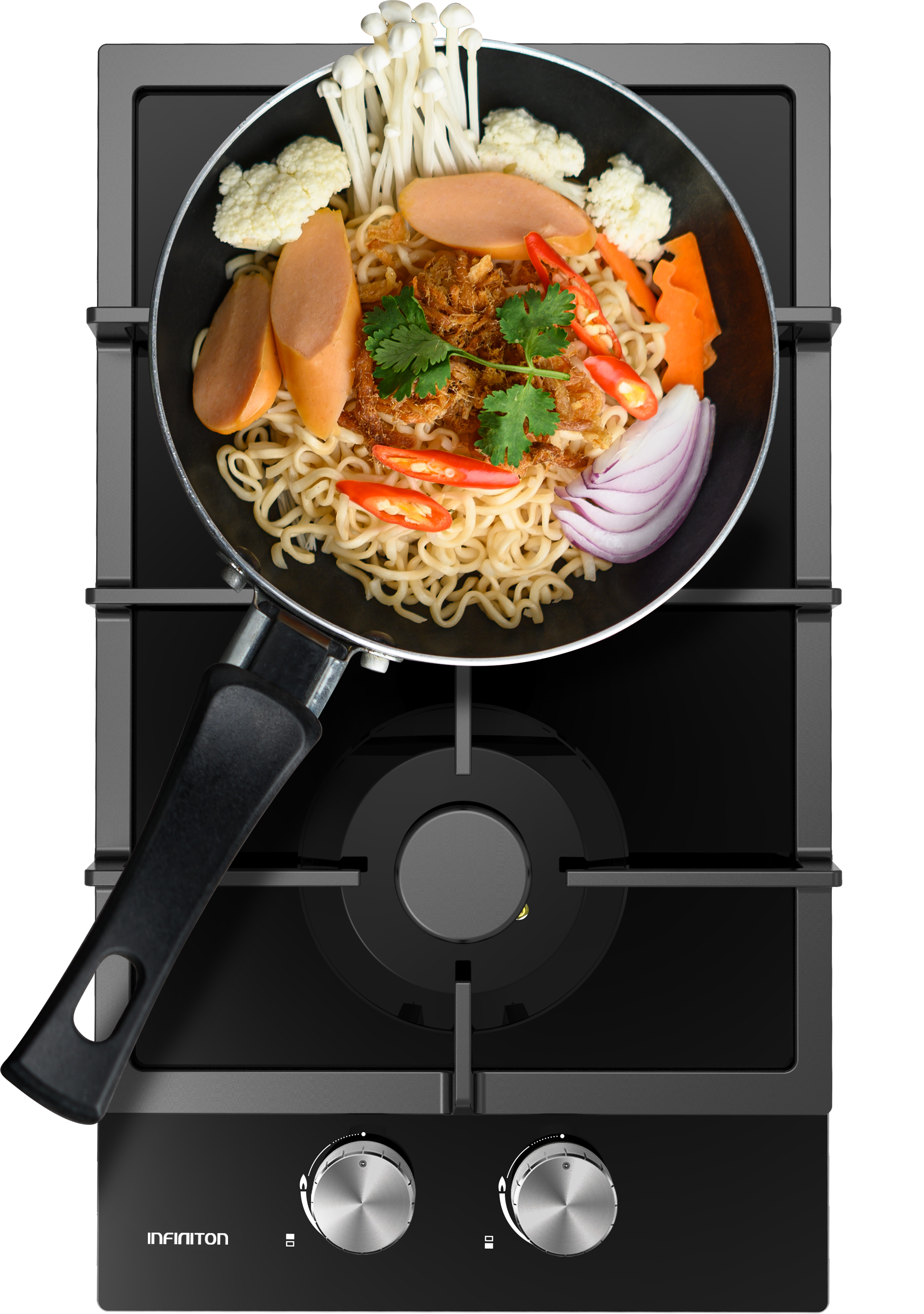 Estufa negra con fideos, verduras y salchichas en sartén. Perillas abajo.