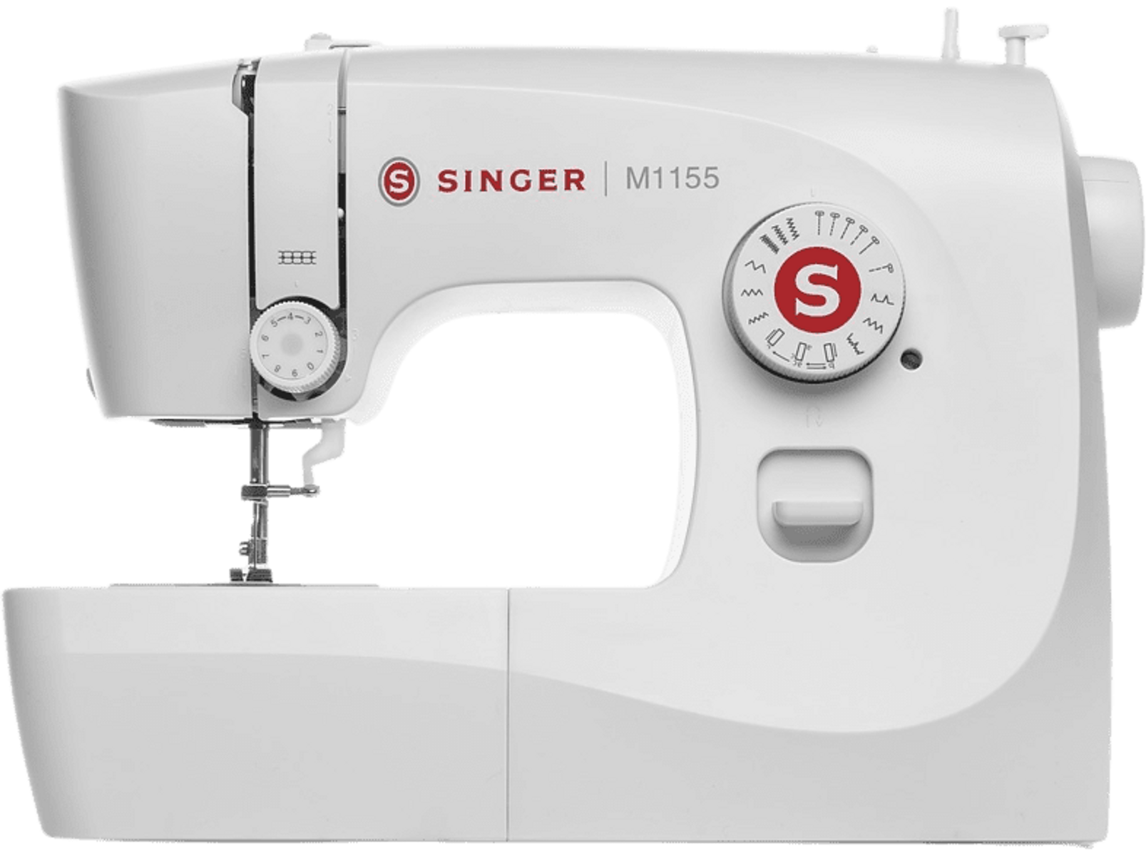 Biała maszyna do szycia Singer, marka na górze, pokrętło ustawień po prawej.