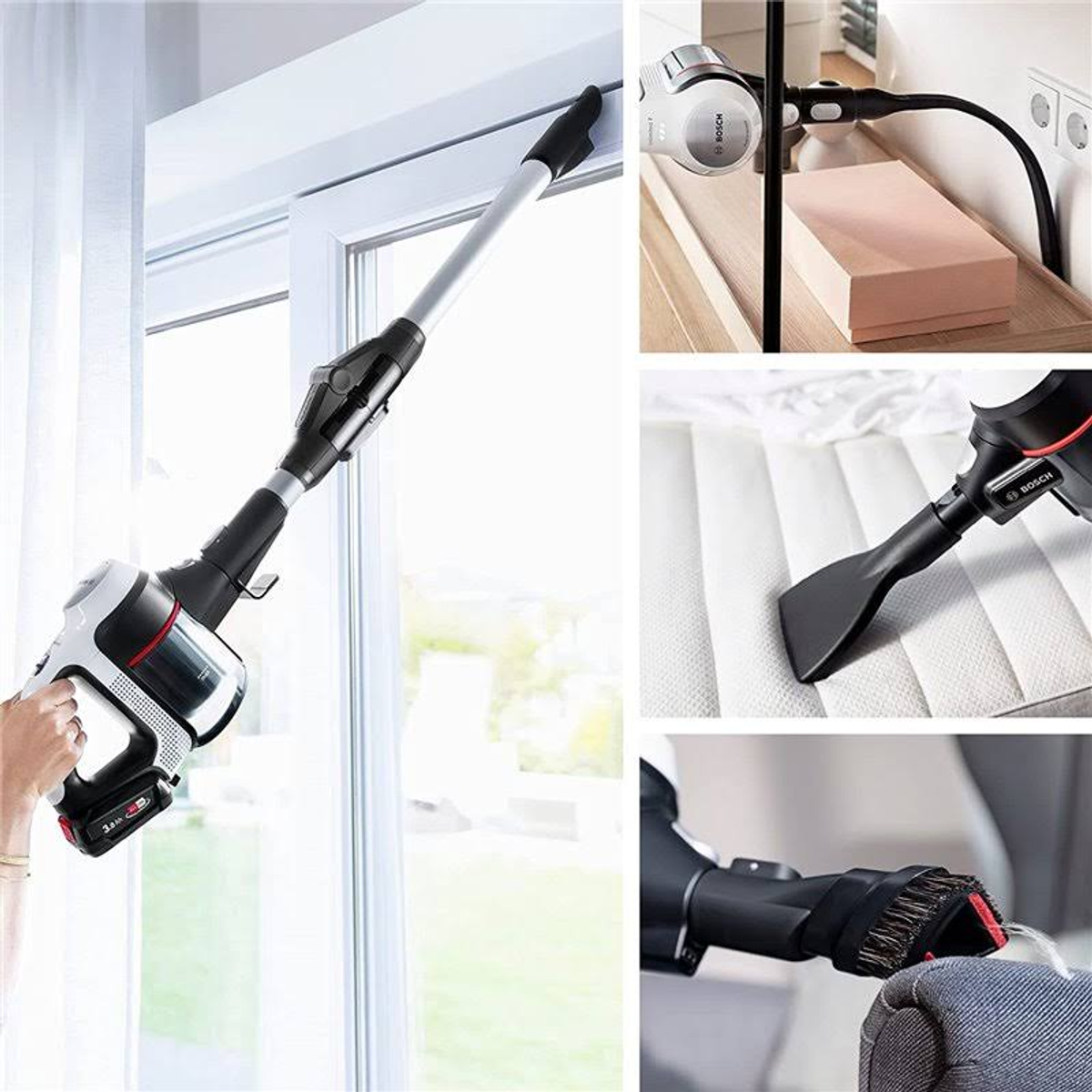 Aspirateur et multiples accessoires avec une main tenant le tuyau.
