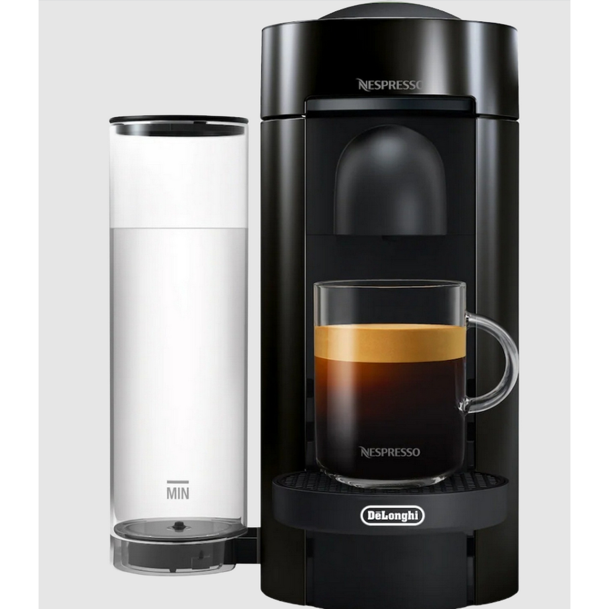 Nespresso-Kaffeemaschine mit Glas, gefüllt mit Kaffee, und Wasserbehälter.