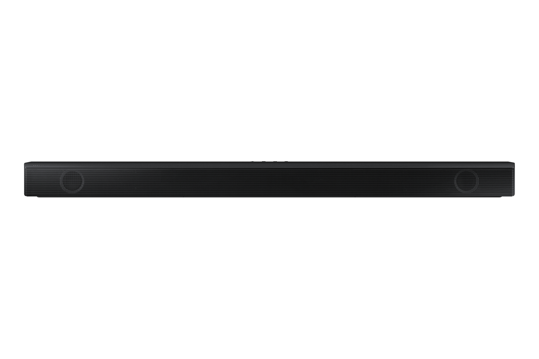 Una barra de sonido negra con dos altavoces redondos a los lados y forma rectangular.