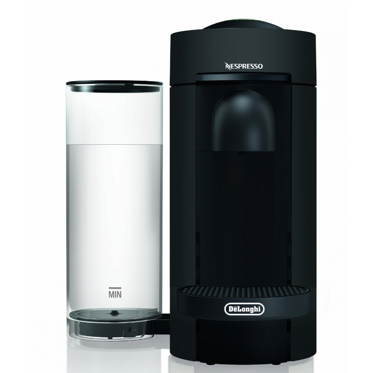 Schwarze Nespresso-Maschine mit Wasserbehälter. Weißer Hintergrund.