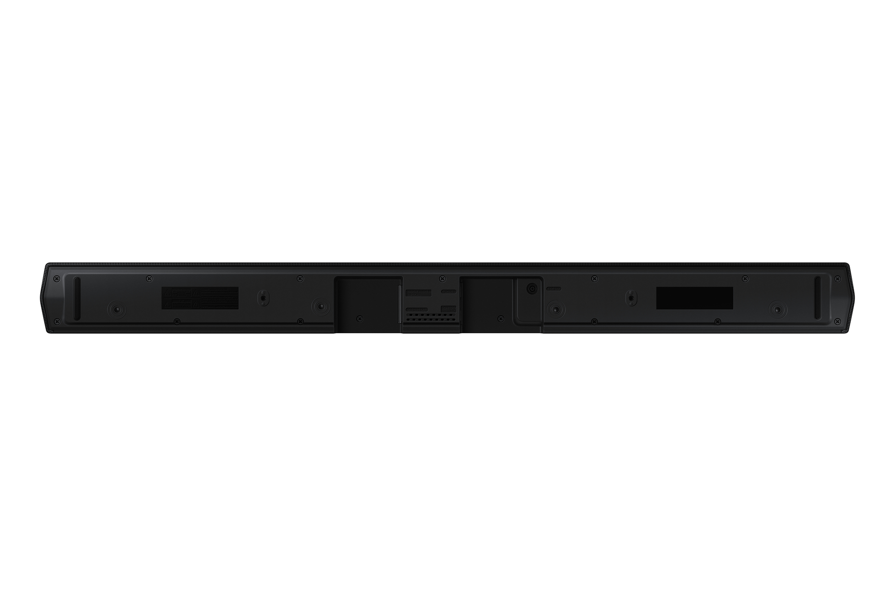 Una barra de sonido negra sobre un fondo blanco. La parte trasera de la barra de sonido es visible.