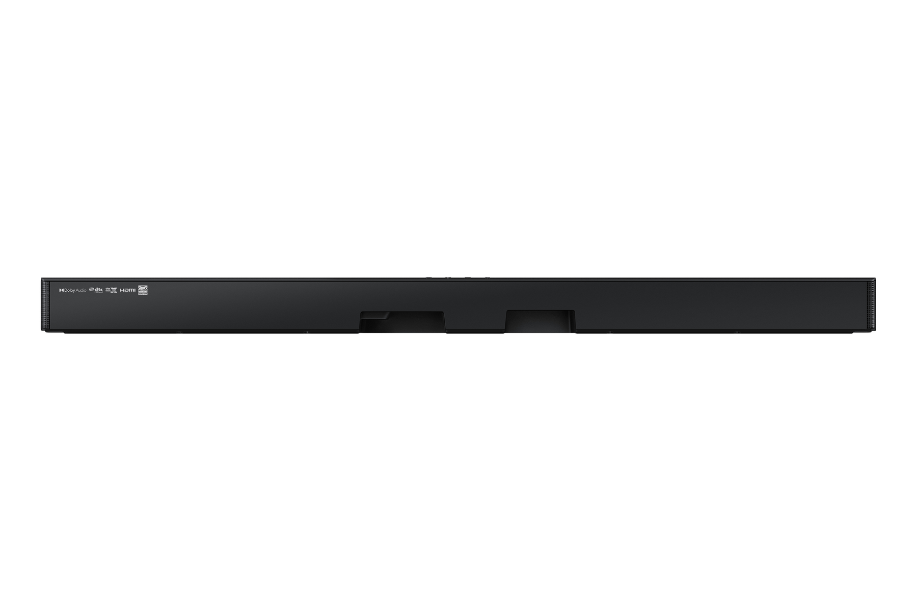 Barra de sonido negra con logotipos Dolby Audio y DTS Virtual:X, sobre fondo blanco.