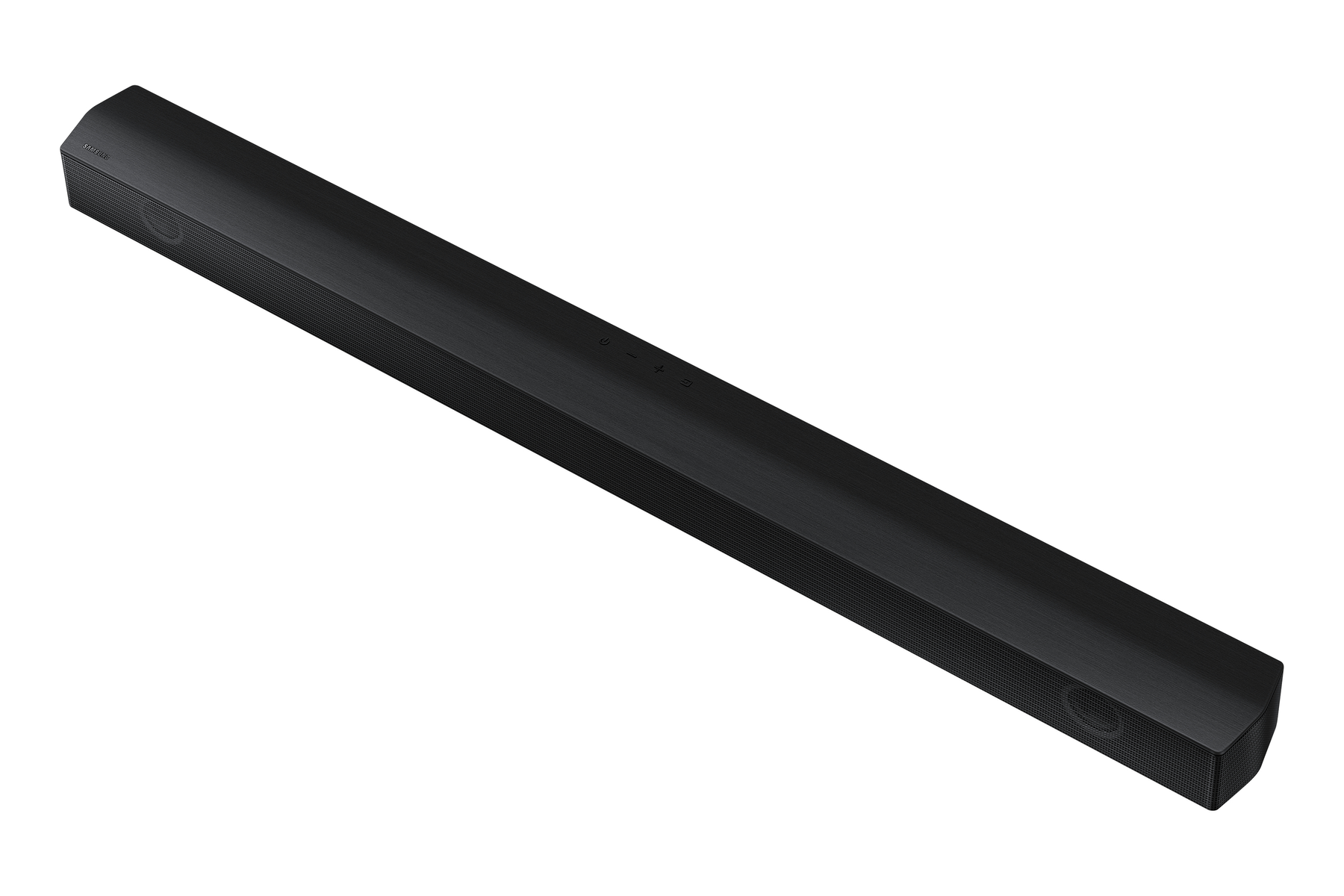 Barra de sonido negra sobre fondo blanco. Forma larga y rectangular con bordes redondeados. Botones en la parte superior.