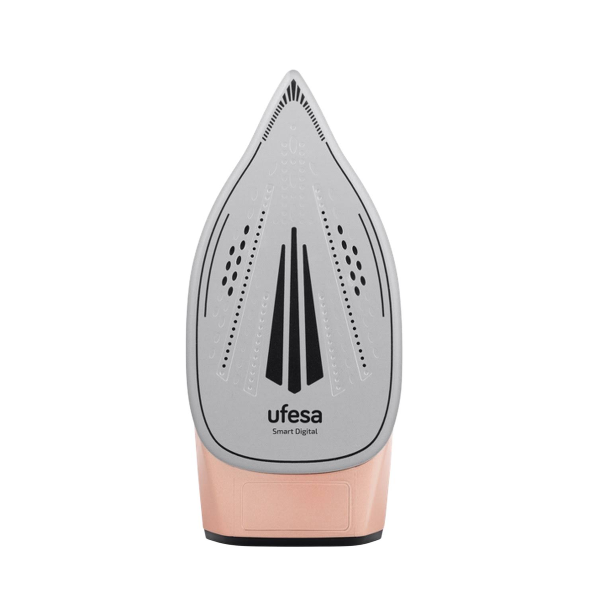 Base de plancha con superficie gris y mango oro rosa. Logotipo de la marca ufesa.
