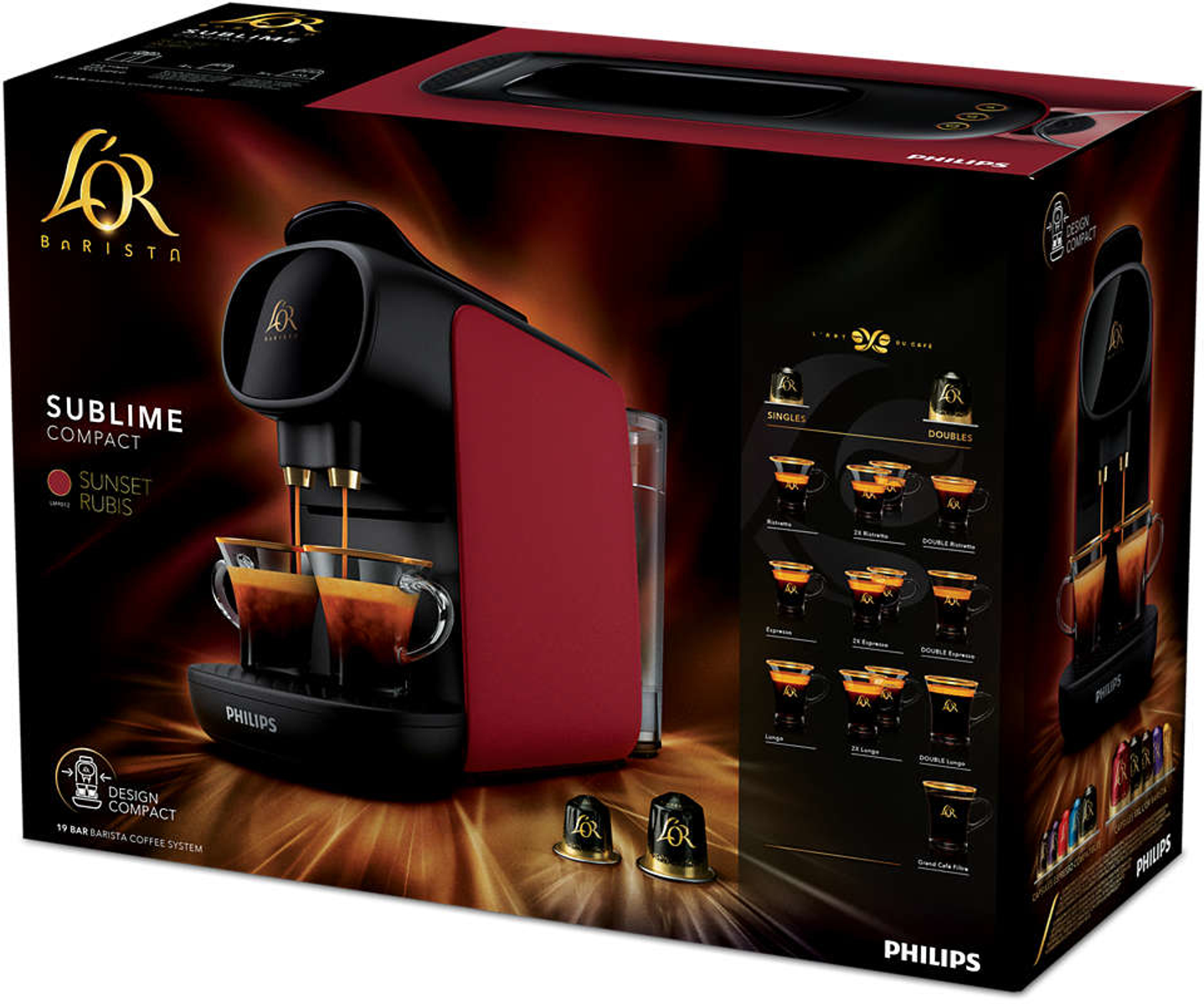 Eine Kaffeemaschine mit zwei Tassen, eine rot, die andere schwarz.