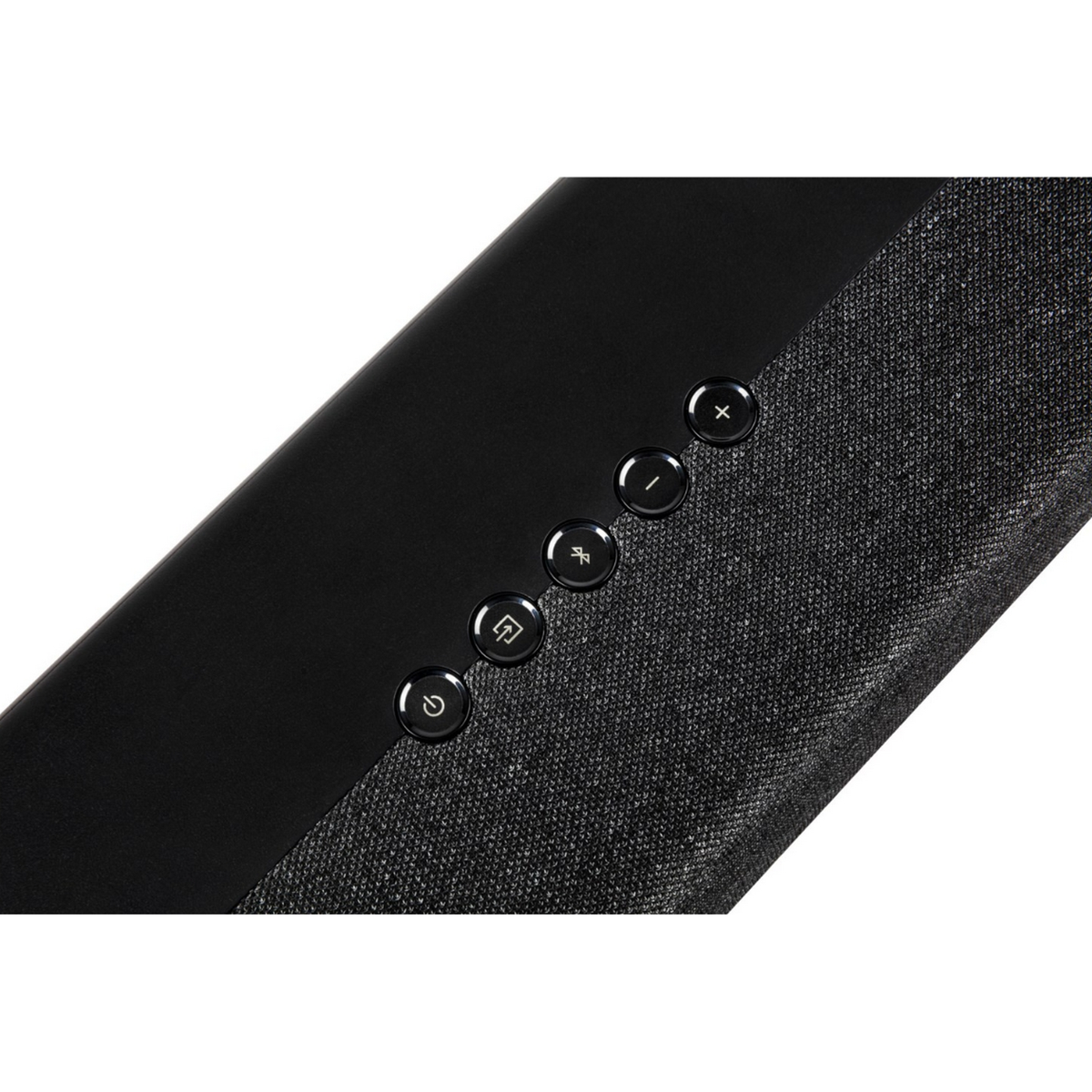 Soundbar nera con pulsanti: accensione, volume, Bluetooth e play/pausa.