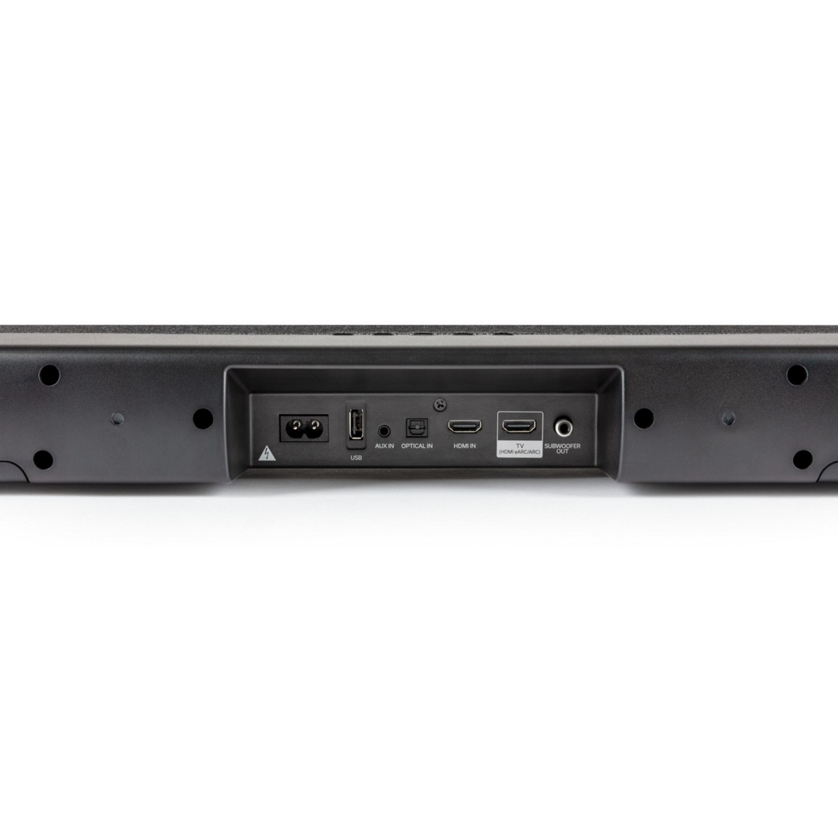 Vista posteriore di una soundbar nera con varie porte di connessione ed etichette.