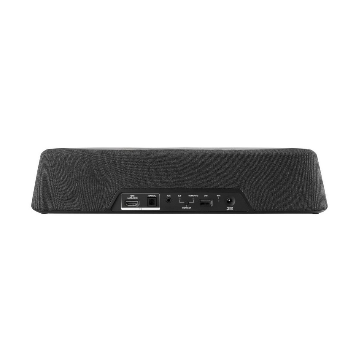 Czarny soundbar z kilkoma portami z tyłu: HDMI, optyczne, AUX, USB i zasilanie.