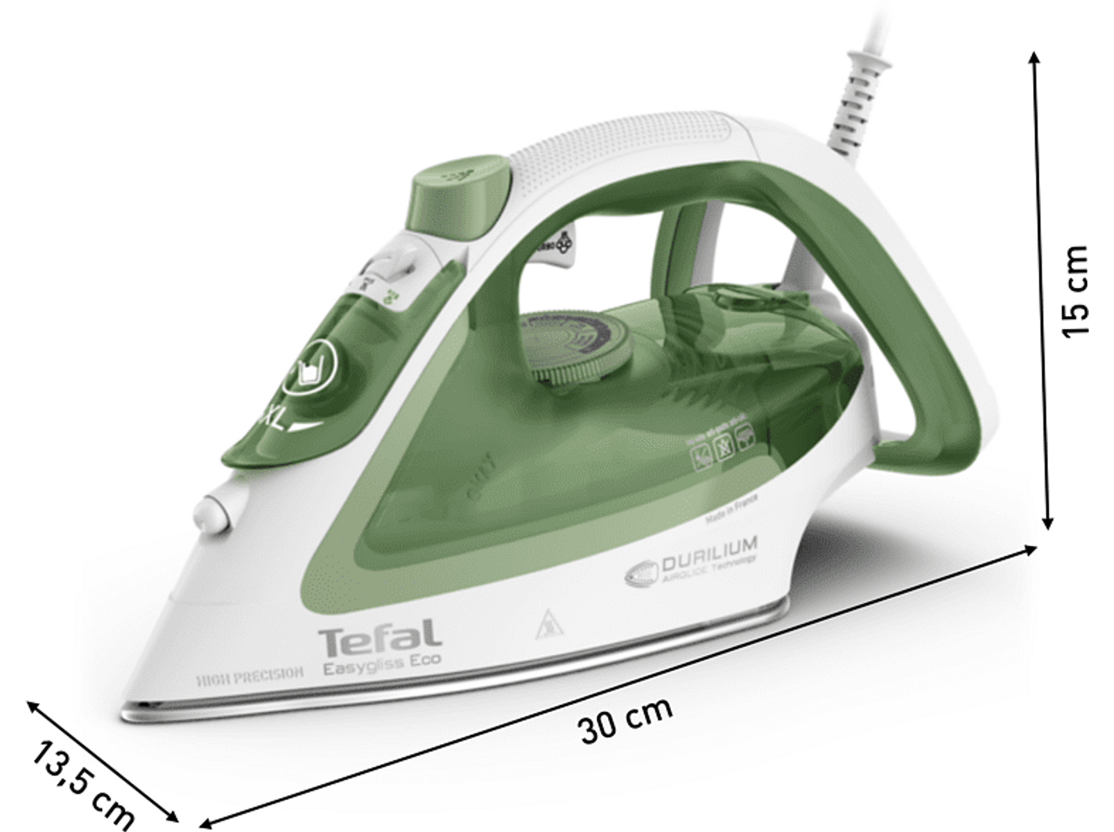 Plancha blanca y verde con medidas: 30 cm largo, 13,5 cm ancho y 15 cm alto. Marca Tefal.