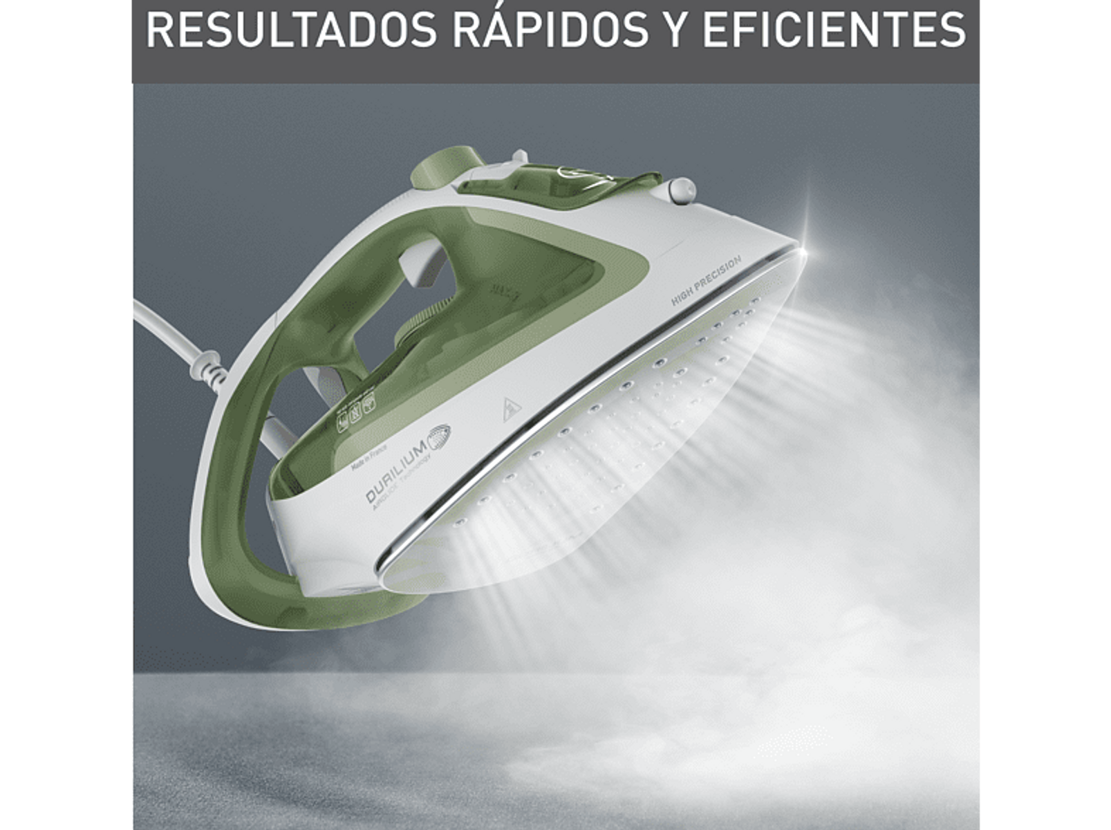 Una plancha con vapor. Plancha verde y blanca, sale vapor. Texto: Resultados rápidos y eficientes.