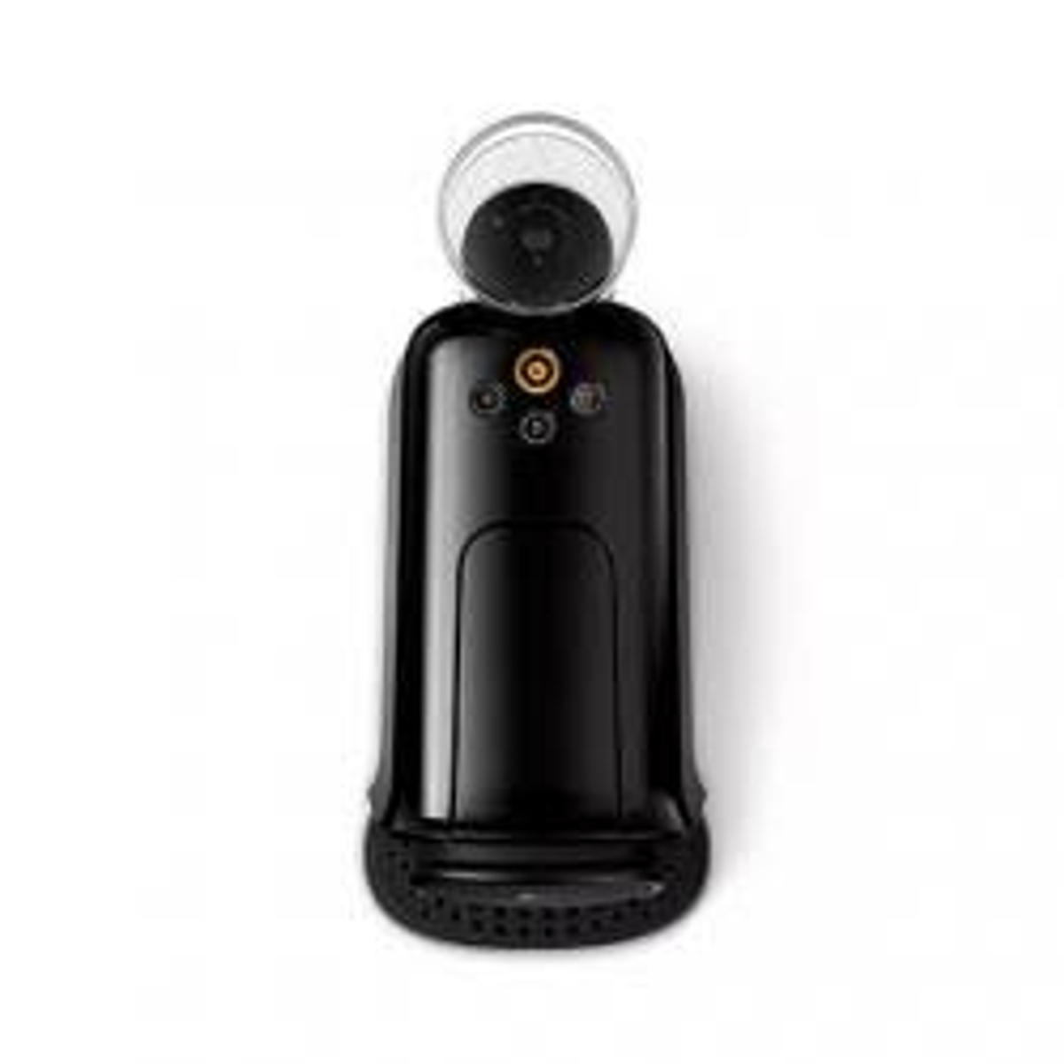 Czarny ekspres do kawy z przezroczystym uchwytem na kapsułki, na białym tle.