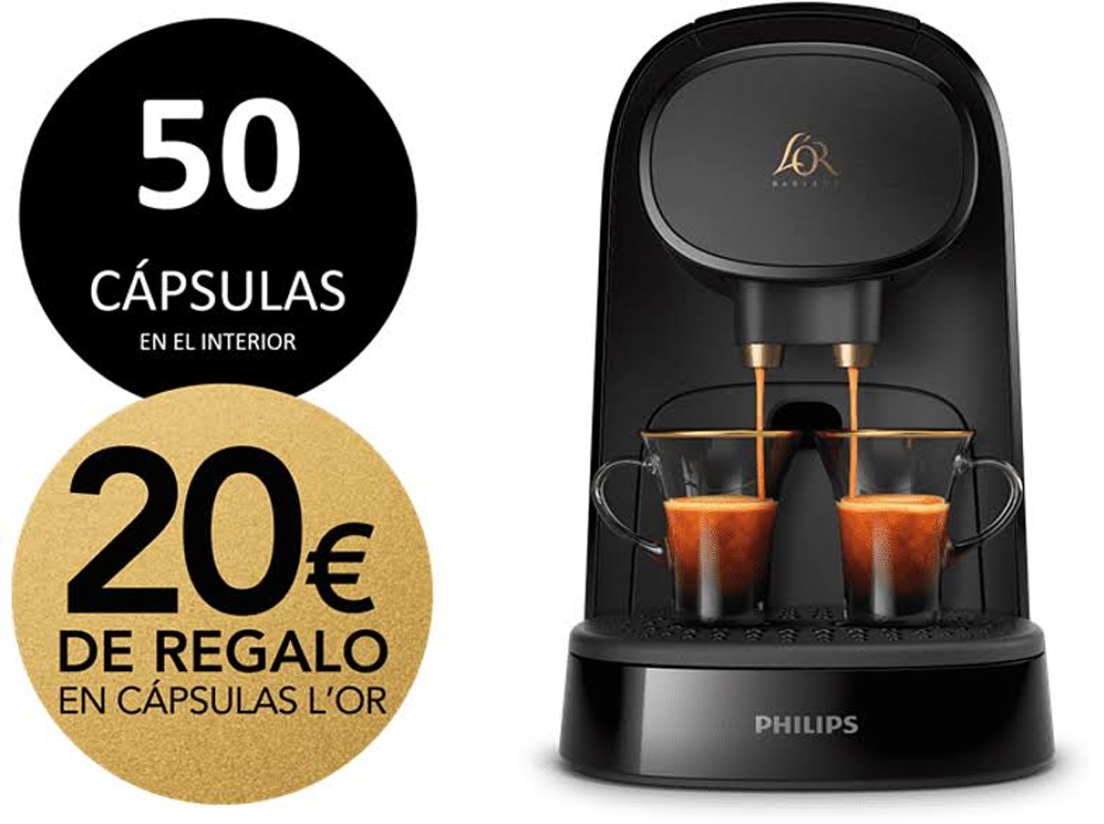 Ekspres do kawy z dwiema filiżankami napełnianymi kawą i dwiema etykietami promocyjnymi.