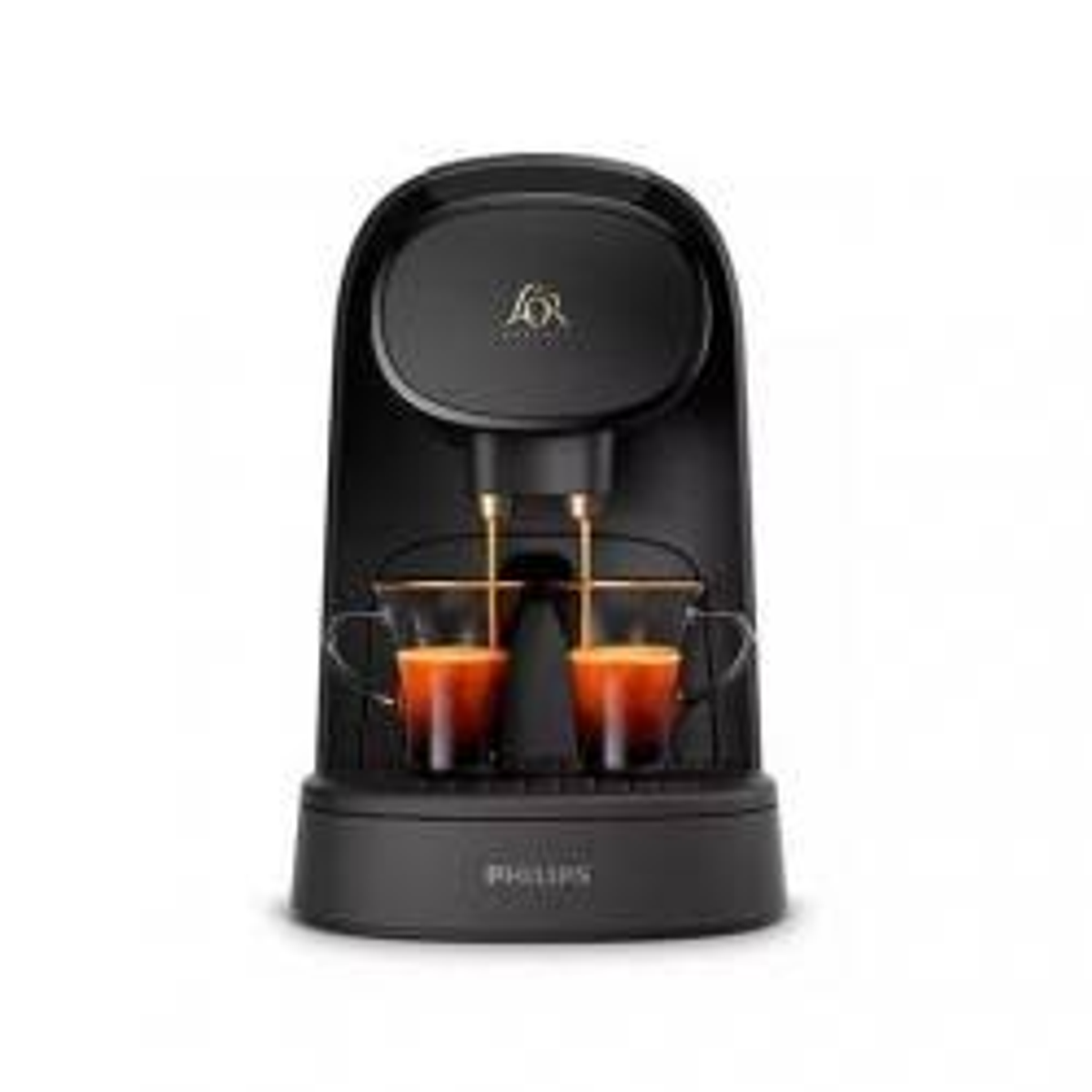 Czarny ekspres do kawy: dwie wylewki, dwie szklanki, czarna podstawa, białe tło.