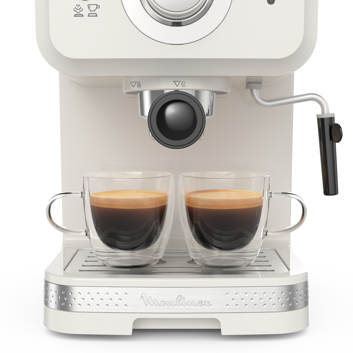 Biały ekspres do kawy z dwiema szklankami wypełnionymi kawą na białej powierzchni.