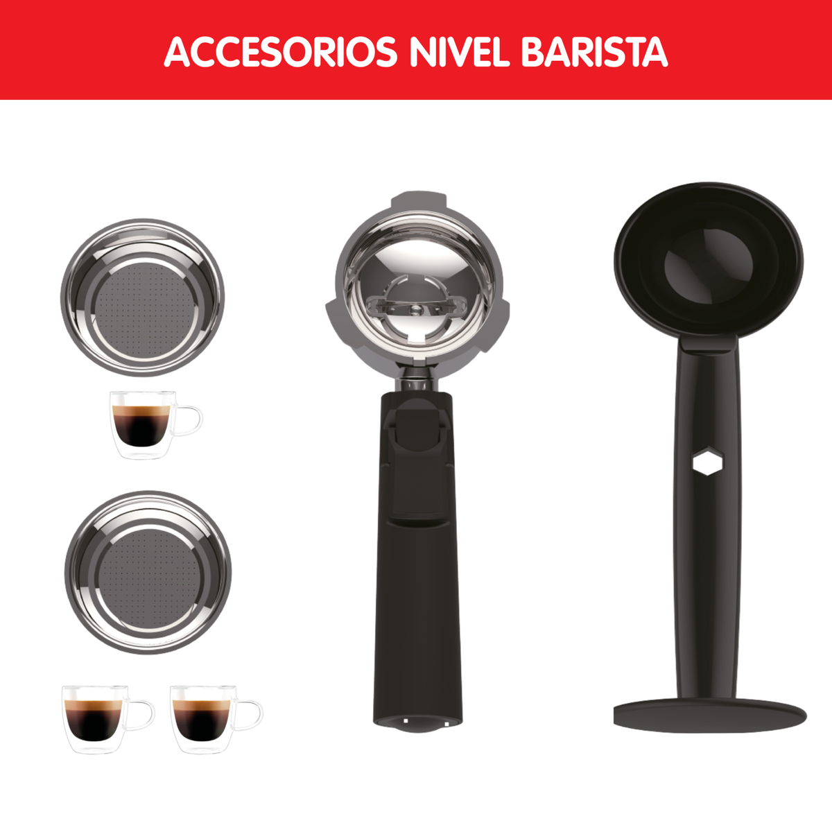 Akcesoria do parzenia kawy: Dwa kolby, dwie filiżanki do espresso i stojak na ubijak na białej powierzchni.