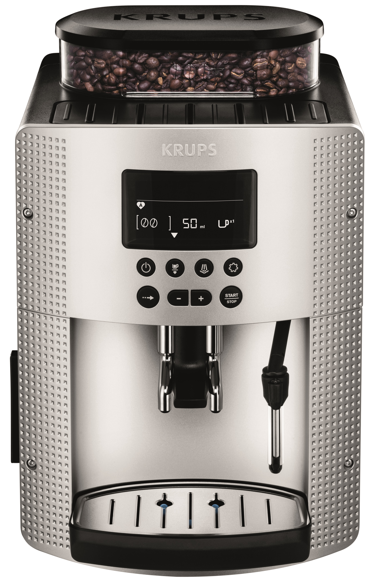 Cafetera Krups plateada con granos de café. Pantalla LCD y botones de control frontales.