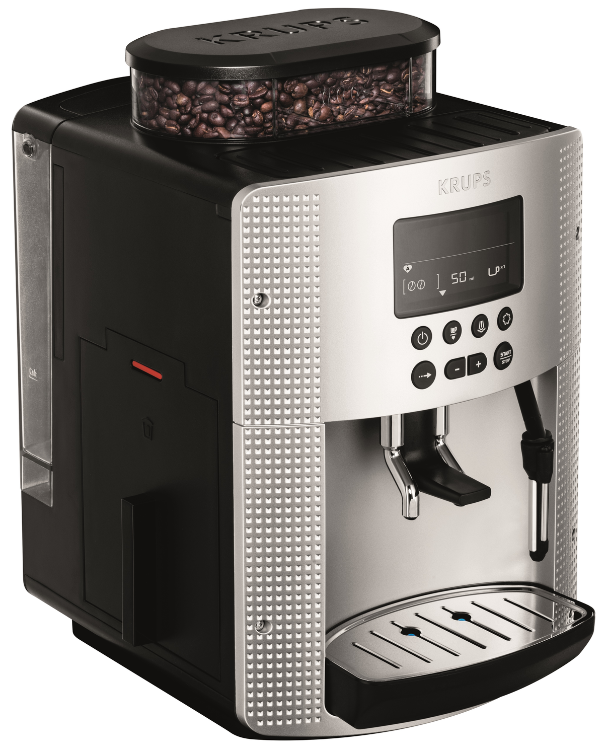 Cafetera Krups plateada y negra con granos de café visibles en un contenedor superior.