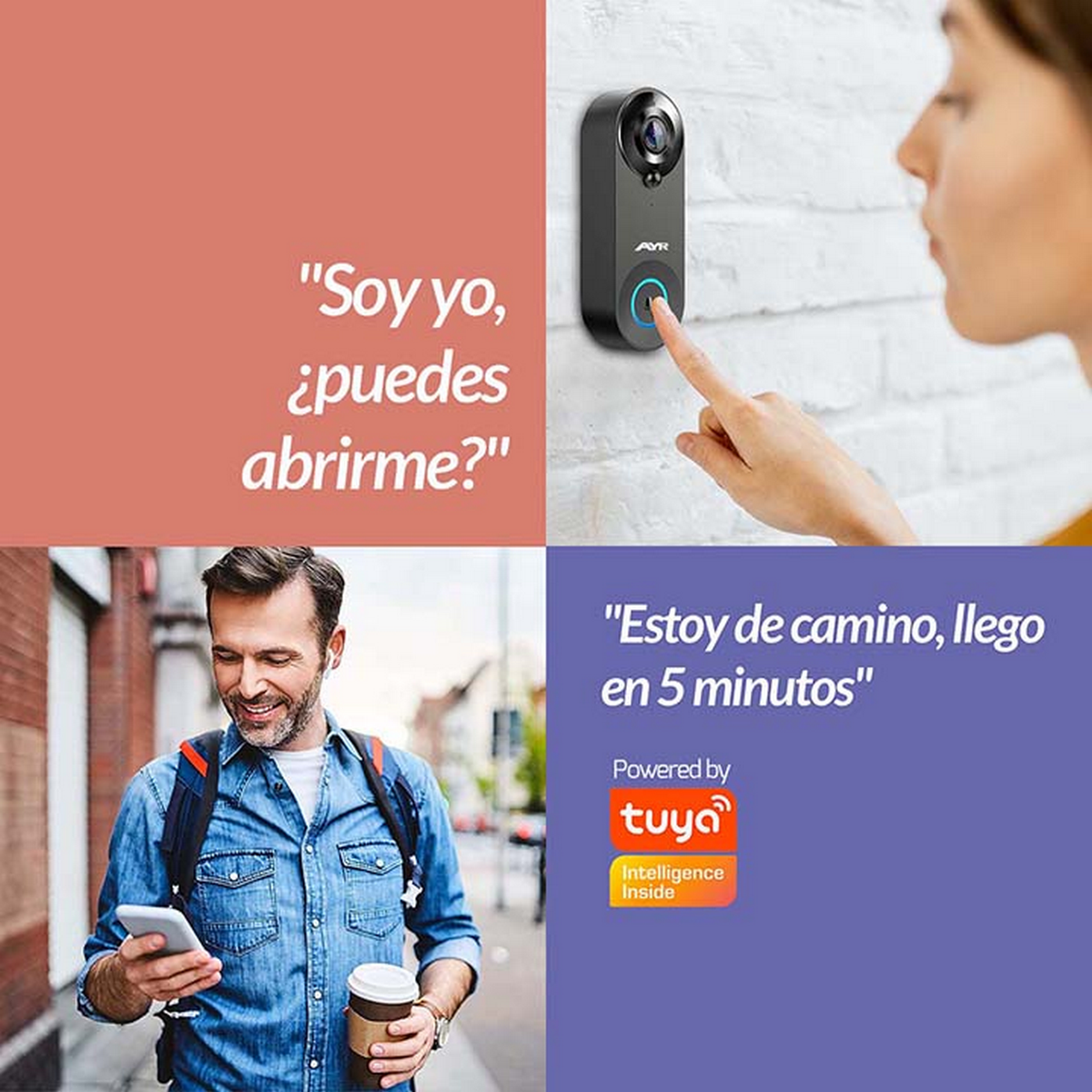 Mujer y hombre con un timbre. Texto en español sobre seguridad en el hogar.