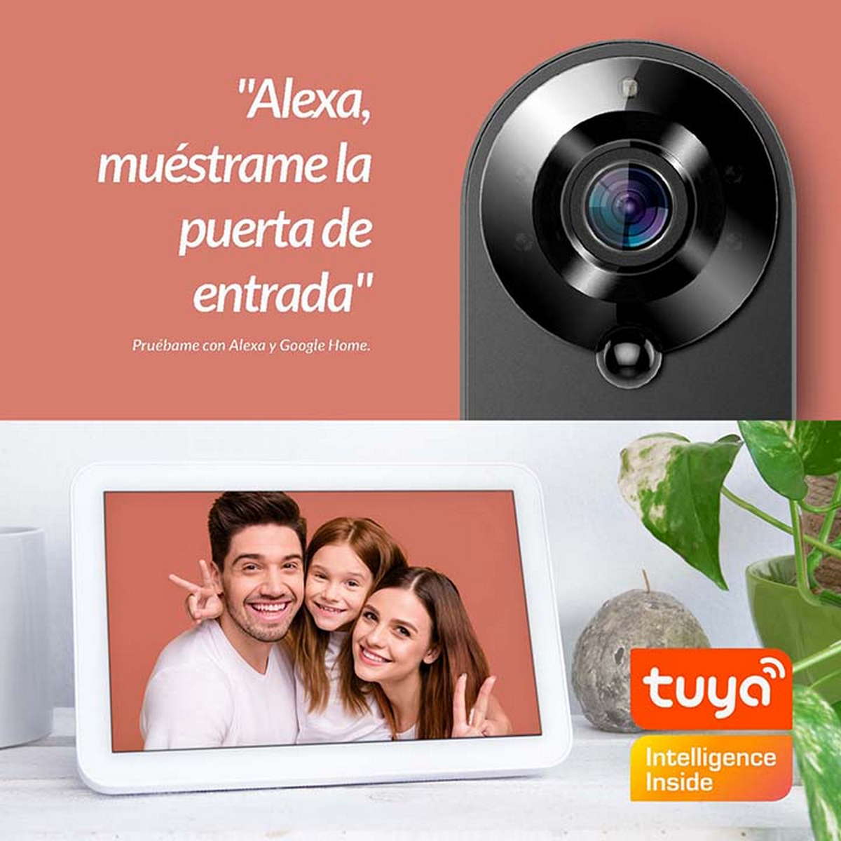 Dispositivo de hogar inteligente, cámara y pantalla con foto familiar. Texto: 'Alexa, muéstrame la puerta'.