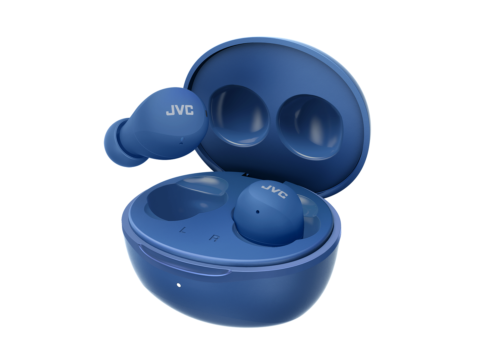Niebieskie słuchawki JVC i etui ładujące na czarnym tle. Etui jest otwarte.