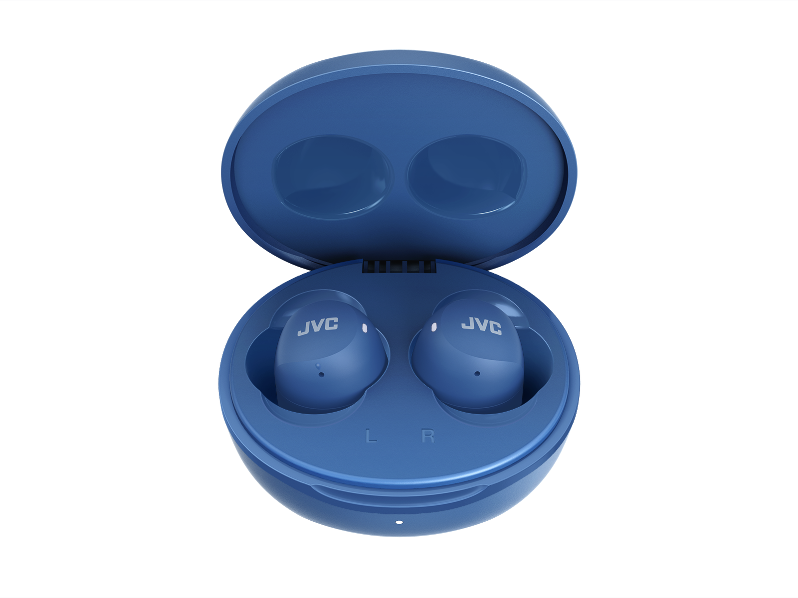 Niebieskie słuchawki JVC w etui ładującym. Etui otwarte. Słuchawki w środku.