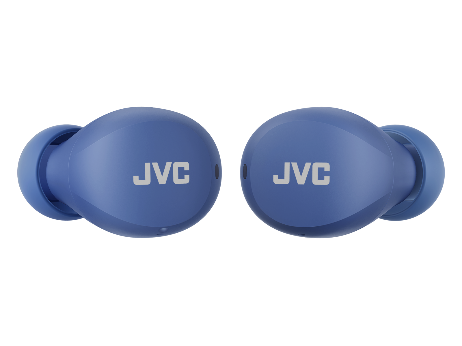 Dwie niebieskie słuchawki JVC na czarnym tle. Słuchawki mają logo JVC.