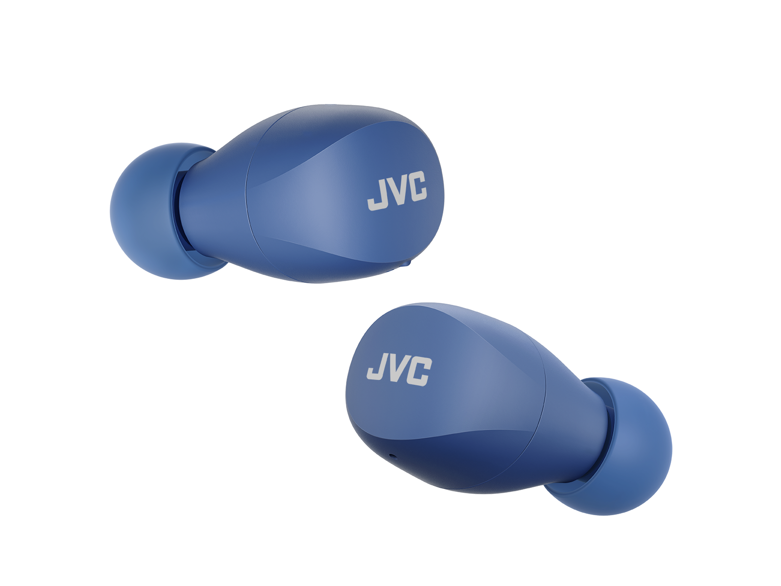 Para niebieskich słuchawek JVC. Wyizolowane na czarnym tle.